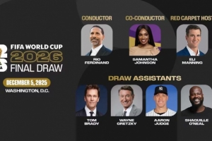 费迪南德担任世界杯抽签主持，抽签嘉宾有汤姆·布雷迪、奥尼尔等