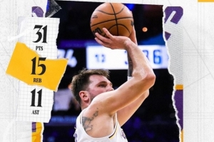 31+15+11！湖人官推发布东契奇数据海报：又一场三双表现